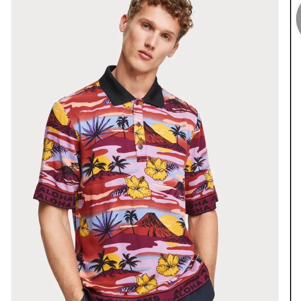 Scotch & Soda Red and Yellow Polo Shirt Tropical Flair L EUC